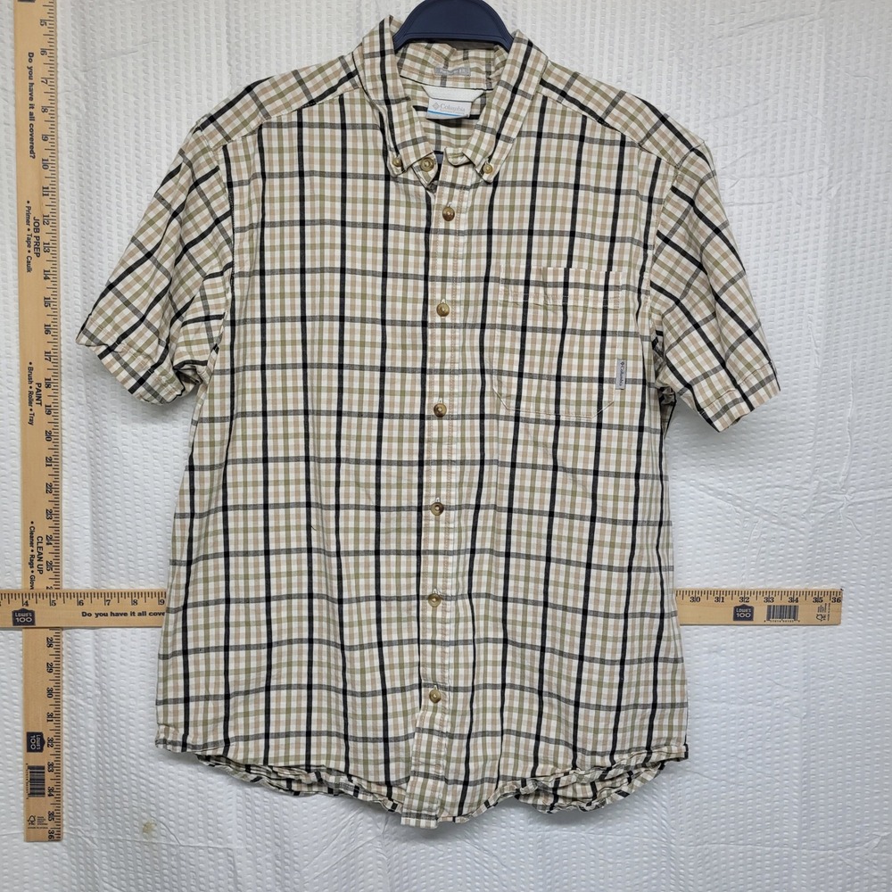 Columbia Mens Large Short Sleeve Plaid Button‎ Down Shirt Tan Green Regular Fit